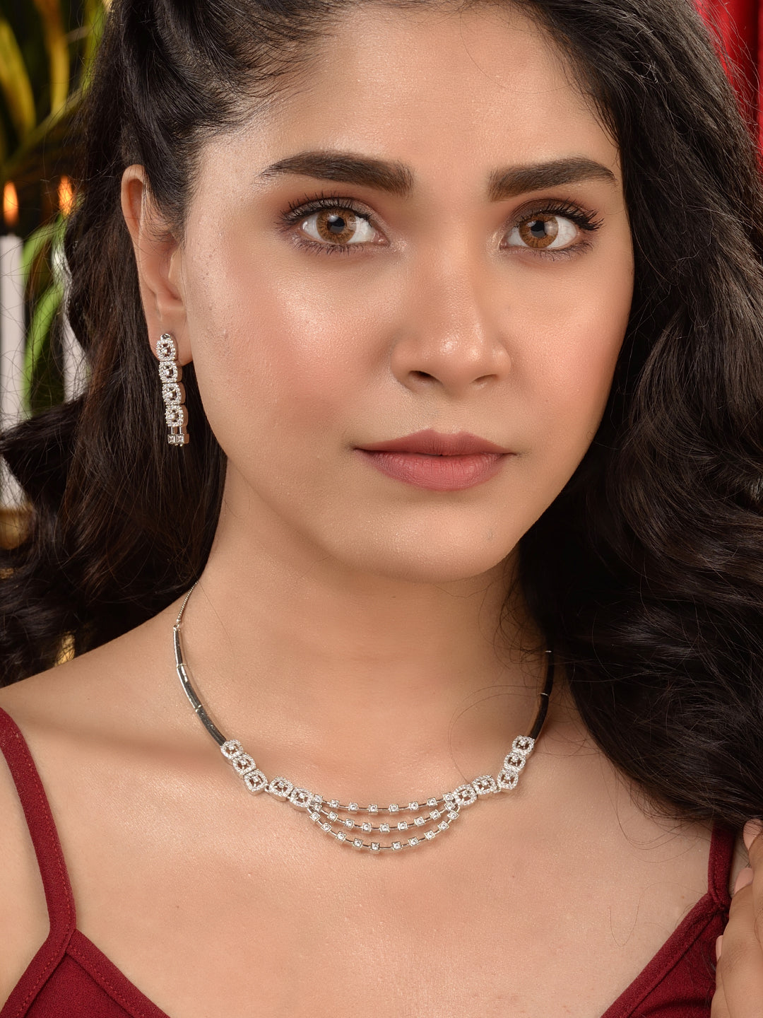 Silver Toned AD Studded layered Necklace jewellery Set, zaveri pearls, sale price rs, sale price, sale gold plated, sale gold, sale, rubans, ring, regular price, priyassi jewellery, kushal's